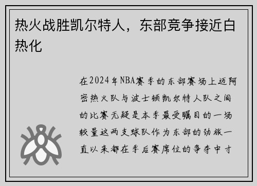 热火战胜凯尔特人，东部竞争接近白热化